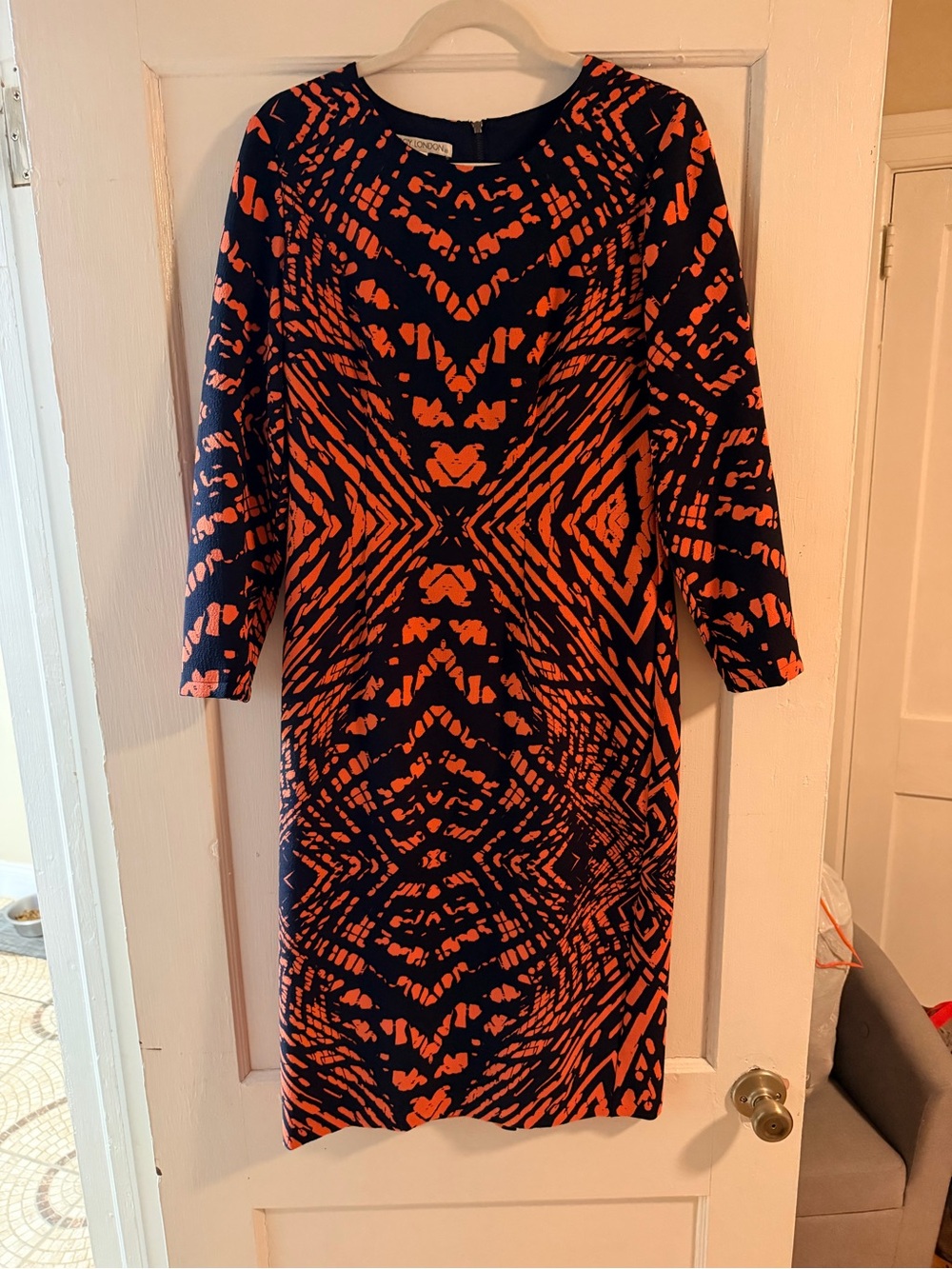 Maggy London Navy & Coral Geometric Sheath Dress | Long Sleeve | Size 10